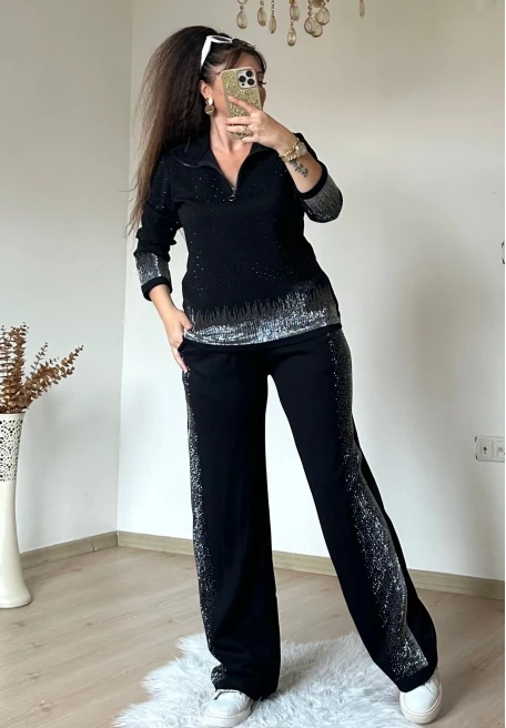 Romantik Taşlı Takım Siyah