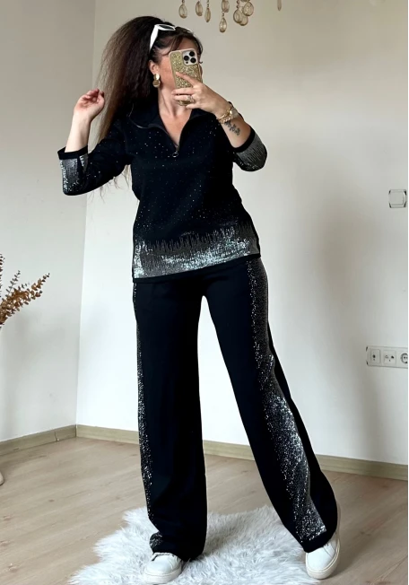 Romantik Taşlı Takım Siyah