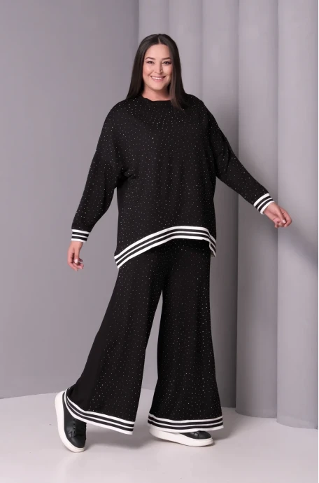 Şeritli Taşlı İspanyol Paça Uzun Kol Takım Büyük Beden