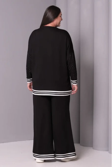 Şeritli Taşlı İspanyol Paça Uzun Kol Takım Büyük Beden