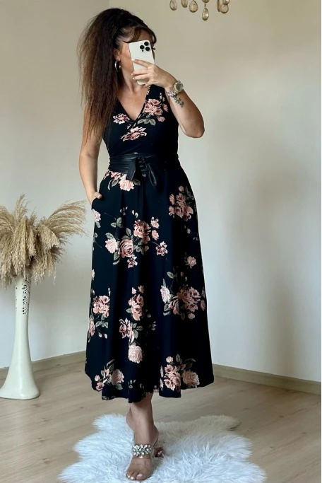 Sıfır Kol Çiçekli Krep Elbise