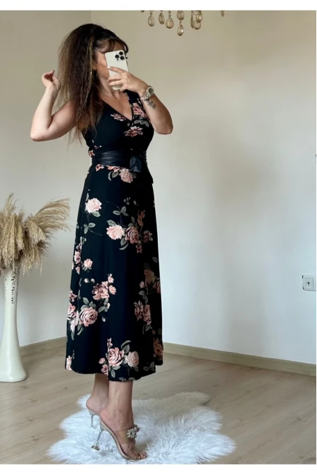 Sıfır Kol Çiçekli Krep Elbise