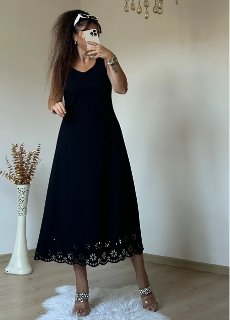 Sıfır Kol Etek Ucu Desenli Elbise Siyah