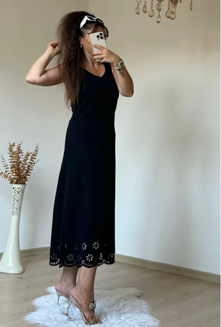 Sıfır Kol Etek Ucu Desenli Elbise Siyah