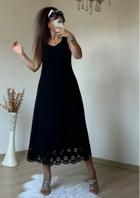 Sıfır Kol Etek Ucu Desenli Elbise Siyah