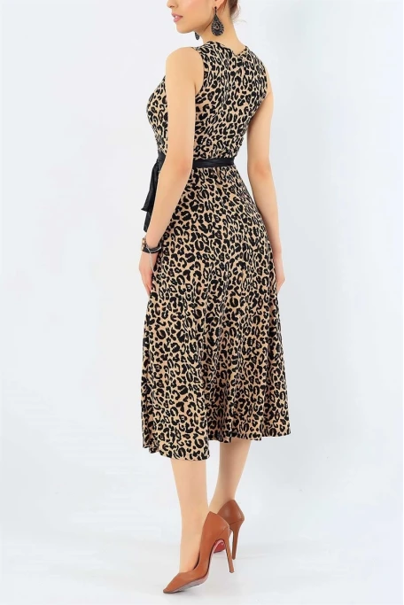 Sıfır Kol Leopar Krep Elbise