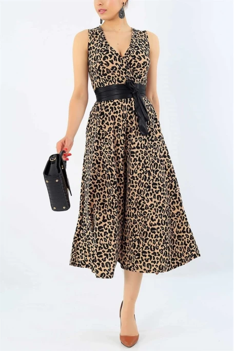 Sıfır Kol Leopar Krep Elbise