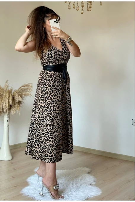 Sıfır Kol Leopar Krep Elbise
