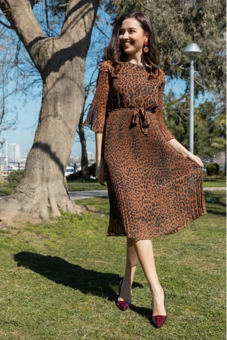 Şifon Leopar Elbise kahverengi