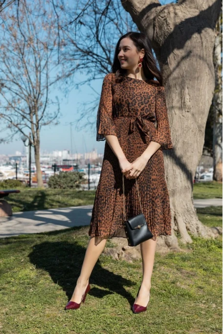 Şifon Leopar Elbise kahverengi