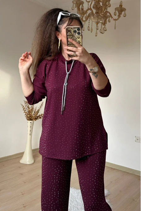 Simli İp Bağcıklı Taşlı Takım Kahve