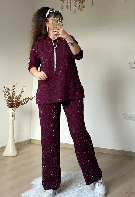 Simli İp Bağcıklı Taşlı Takım Kahve