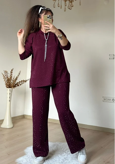 Simli İp Bağcıklı Taşlı Takım Bordo