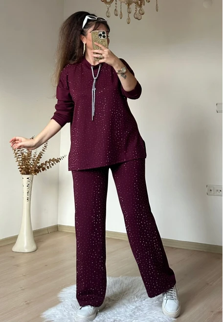 Simli İp Bağcıklı Taşlı Takım Bordo