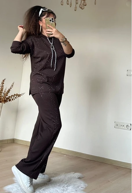 Simli İp Bağcıklı Taşlı Takım Kahve