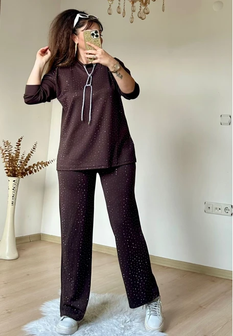 Simli İp Bağcıklı Taşlı Takım Kahve