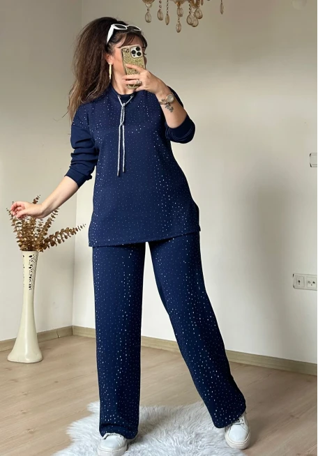 Simli İp Bağcıklı Taşlı Takım Lacivert