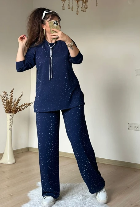 Simli İp Bağcıklı Taşlı Takım Lacivert