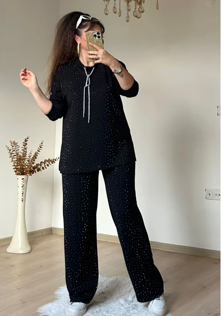 Simli İp Bağcıklı Taşlı Takım Siyah