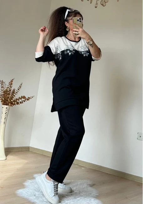 Sıyah Beyaz Çıceklı Takım