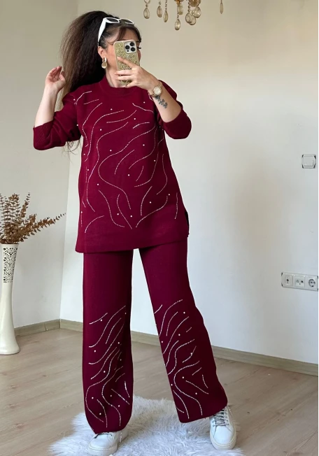 Su Yolu İncılı Taşlı Takım Bordo