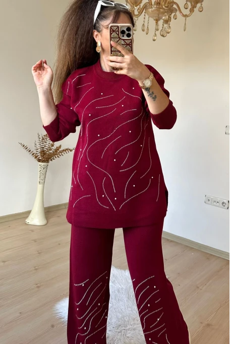 Su Yolu İncılı Taşlı Takım Bordo