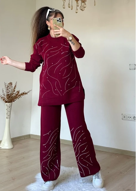 Su Yolu İncılı Taşlı Takım Bordo