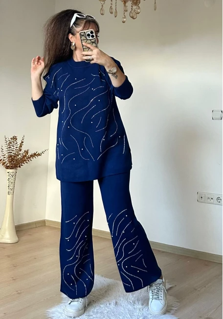 Su Yolu İncılı Taşlı Takım Lacivert