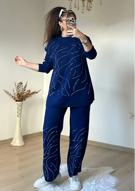 Su Yolu İncılı Taşlı Takım Lacivert