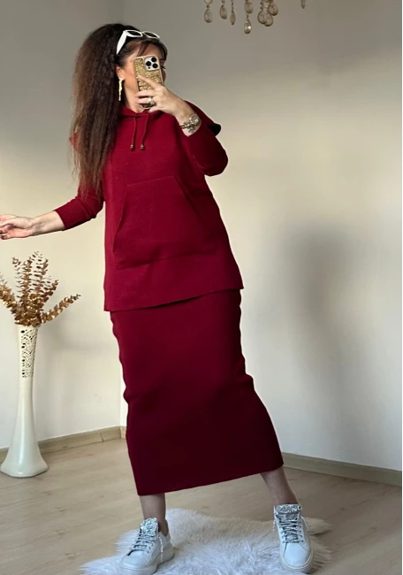Süveterli Elbise Takım Bordo
