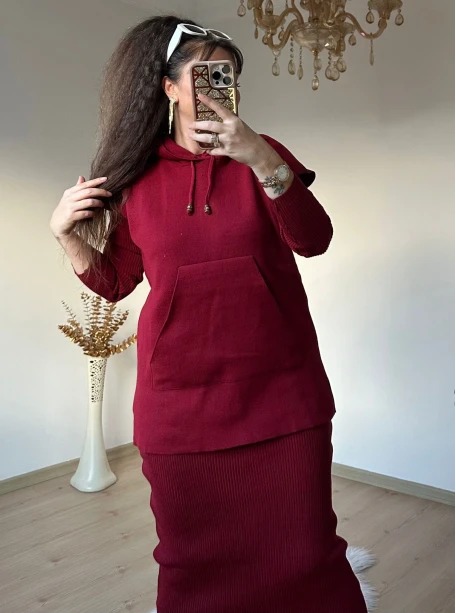 Süveterli Elbise Takım Bordo