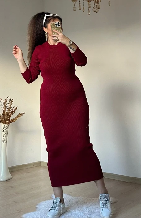 Süveterli Elbise Takım Bordo