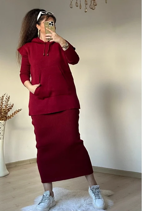 Süveterli Elbise Takım Bordo