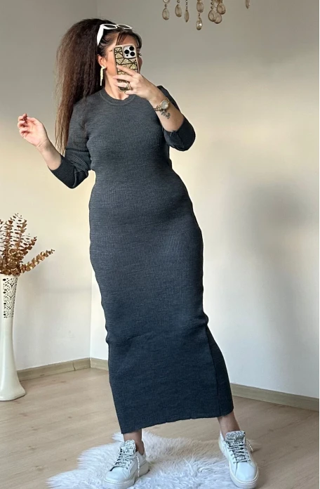 Süveterli Elbise Takım Füme