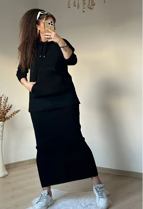 Süveterli Elbise Takım Siyah