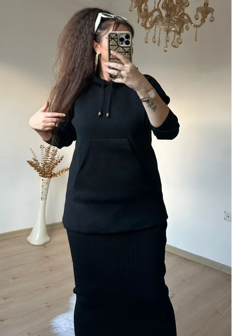 Süveterli Elbise Takım Siyah