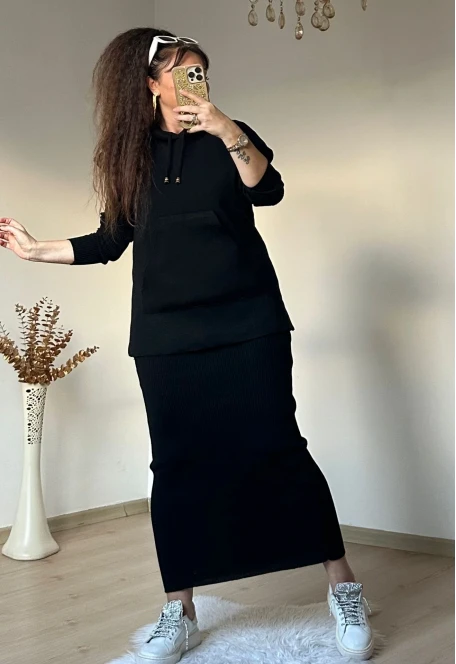 Süveterli Elbise Takım Siyah