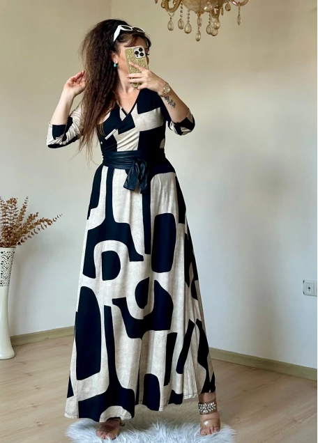 Tam Boy Bej Geometrik Desen Elbise