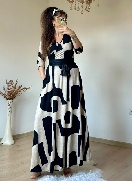 Tam Boy Bej Geometrik Desen Elbise