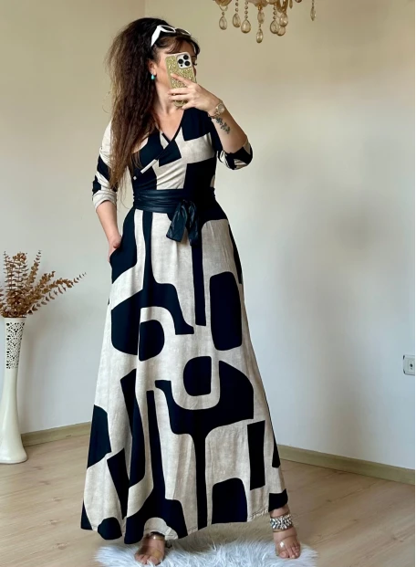 Tam Boy Bej Geometrik Desen Elbise