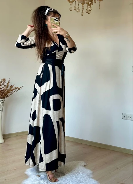 Tam Boy Bej Geometrik Desen Elbise