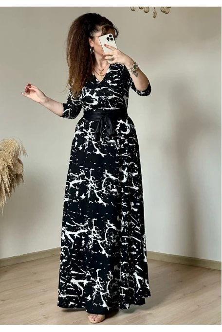 Tam Boy Beyaz Desen Elbise