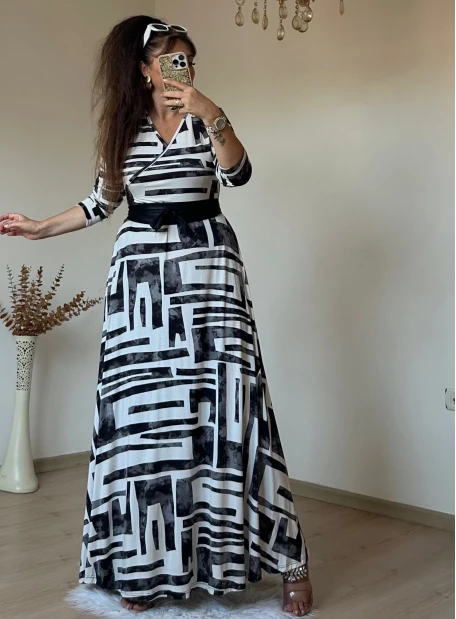 Tam Boy Gri Geometrik Desen Elbise