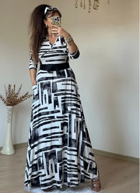 Tam Boy Gri Geometrik Desen Elbise