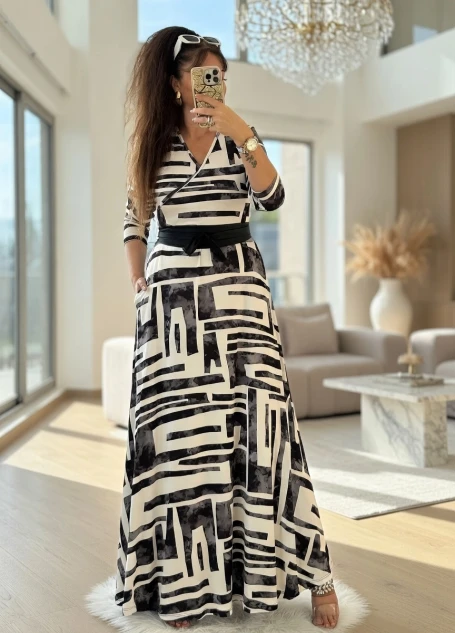 Tam Boy Gri Geometrik Desen Elbise