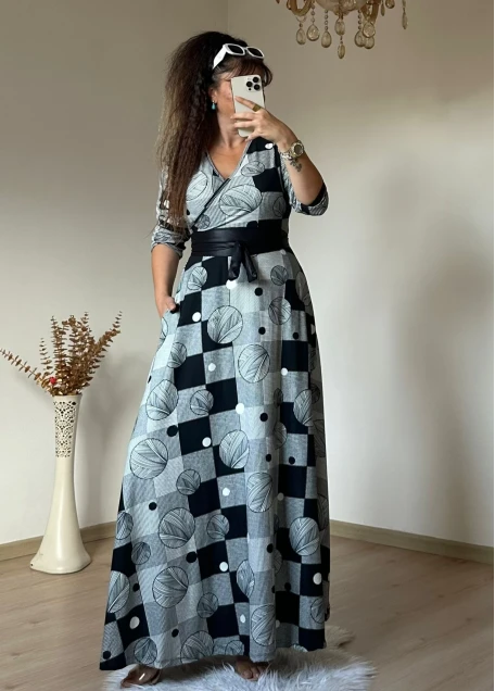 Tam Boy Halka Desen Süet Elbise