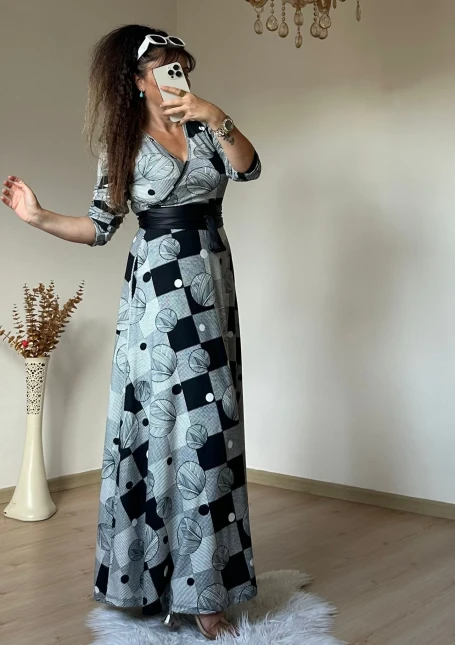 Tam Boy Halka Desen Süet Elbise