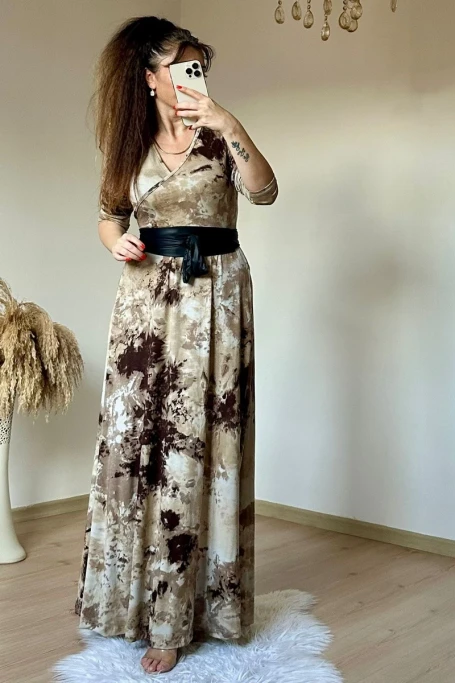 Tam Boy Kahve Baskı Desen Elbise