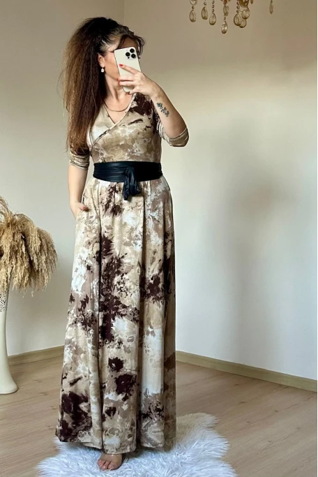 Tam Boy Kahve Baskı Desen Elbise