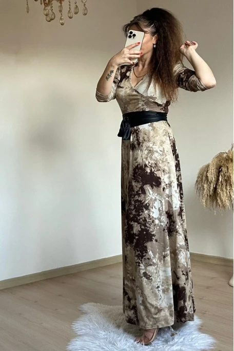 Tam Boy Kahve Baskı Desen Elbise